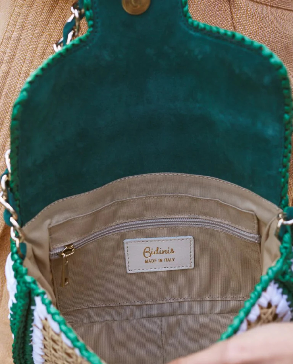 Ginevra Rattan and Crochet Raffia Bag – Green & White