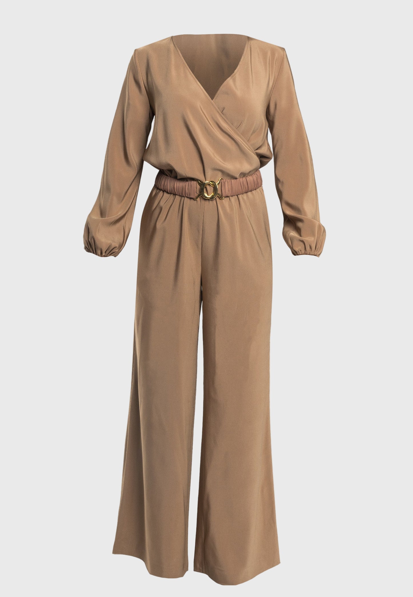 beige jumpsuit, beige women jumpsuit, beige jumpsuit with belt, elegant wide-leg jumpsuit, v-neck jumpsuit with sleeves, Italian viscose jumpsuit, stylish jumpsuit with pockets