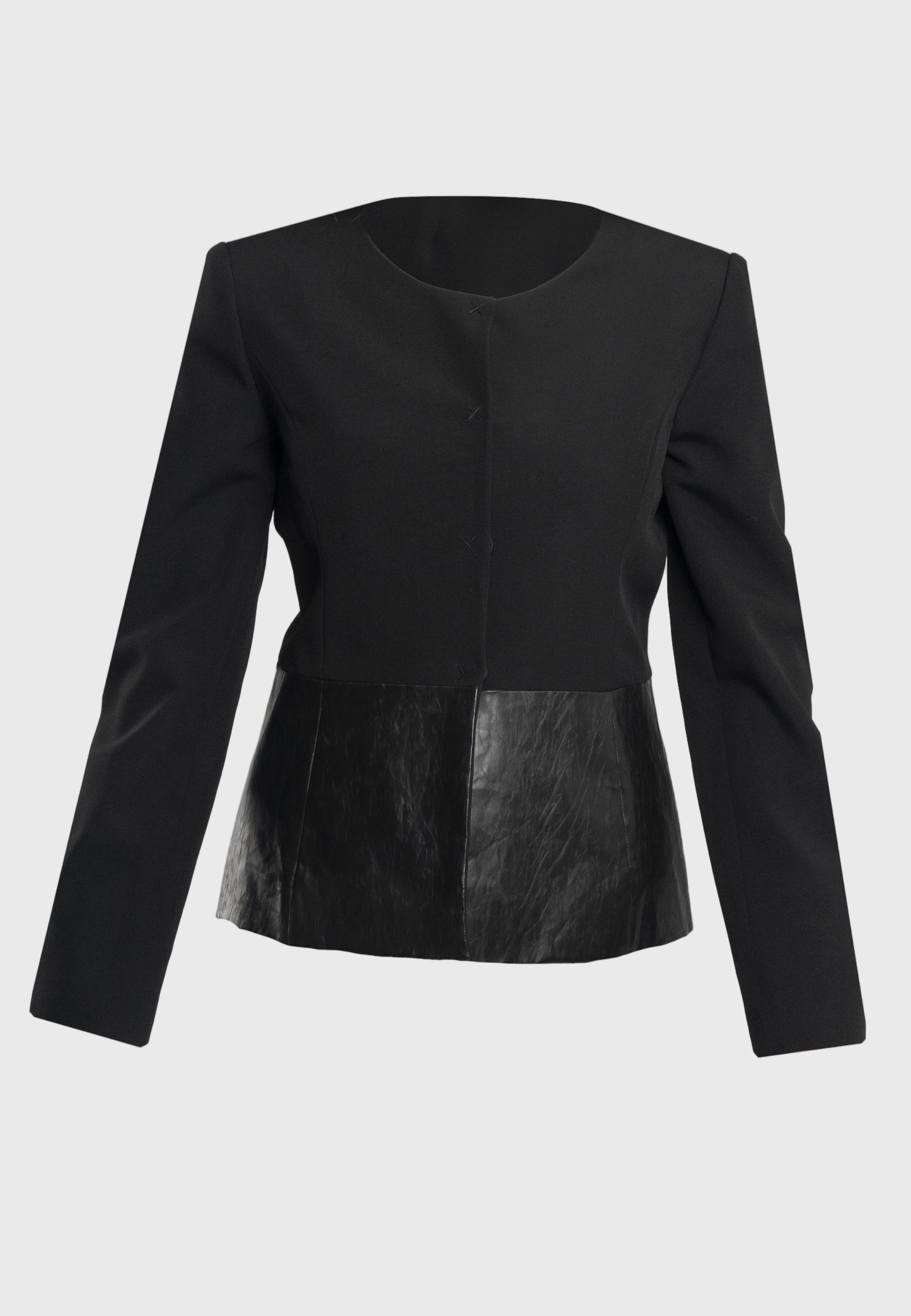 Italian made slim fit jacket, wool and eco-leather blend, snap button jacket, unique details jacket, stylish jacket with eco-leather panels