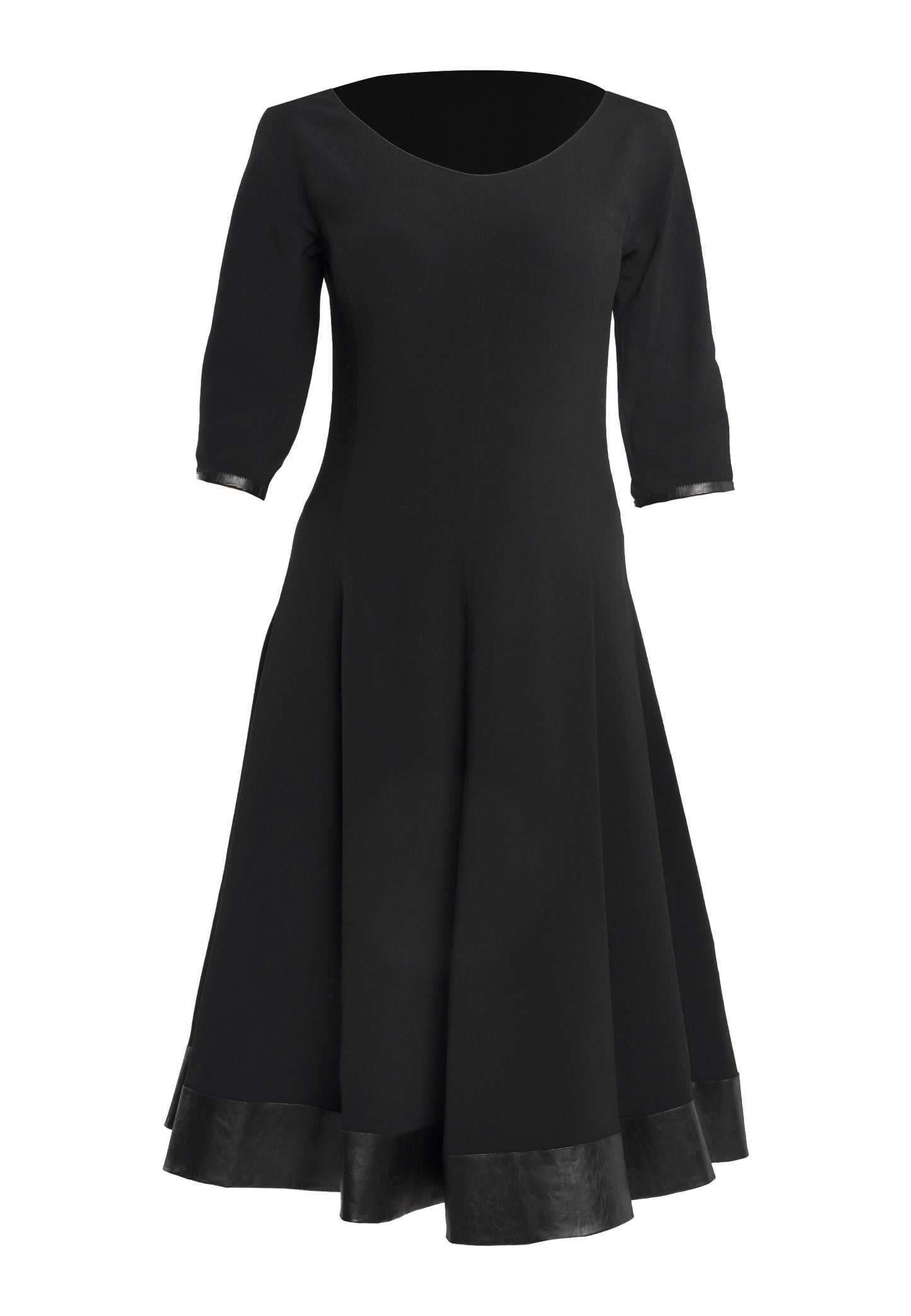 black midi dress, modern style dress, women's black dress, elegant black dress, sustainable fashion dress, Italian viscose dress, boat neck dress, calf-length dress, eco-leather panel dress, versatile midi dress