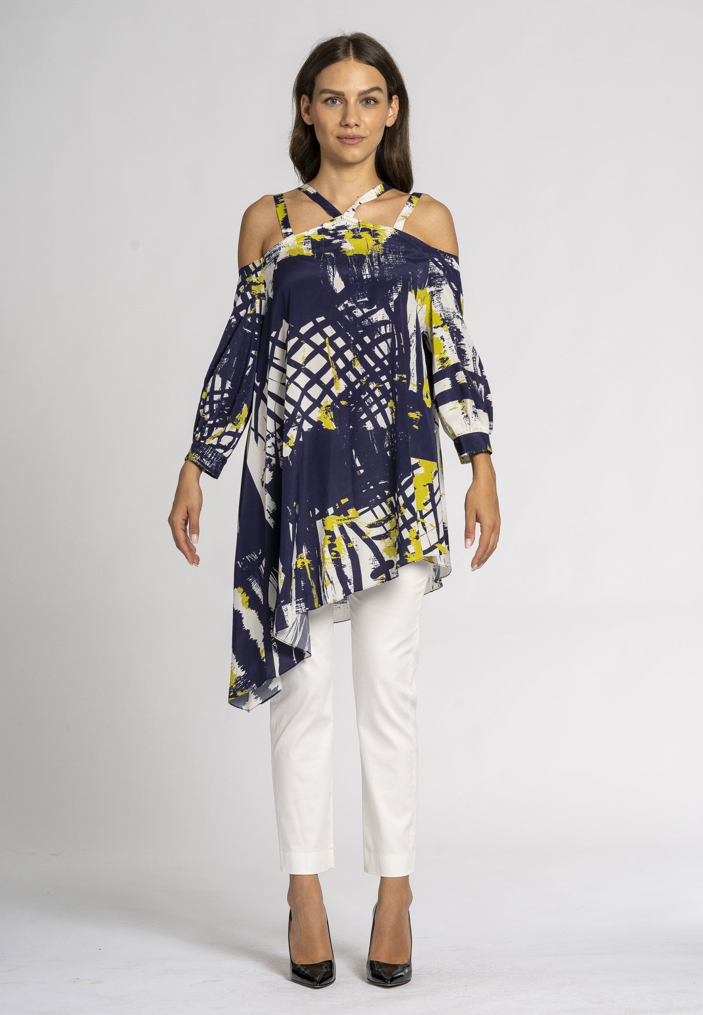 Gelsomino Kaftan Top - Oversized Printed Silk Kaftan with Unique Strap Design and Asymmetrical Length
