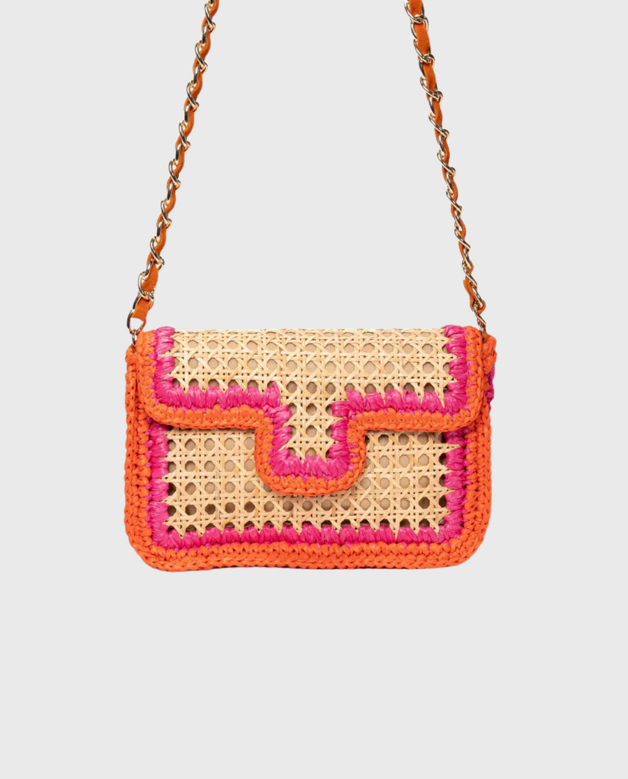 Ginevra Rattan and Crochet Raffia Bag – Orange & Fuchsia