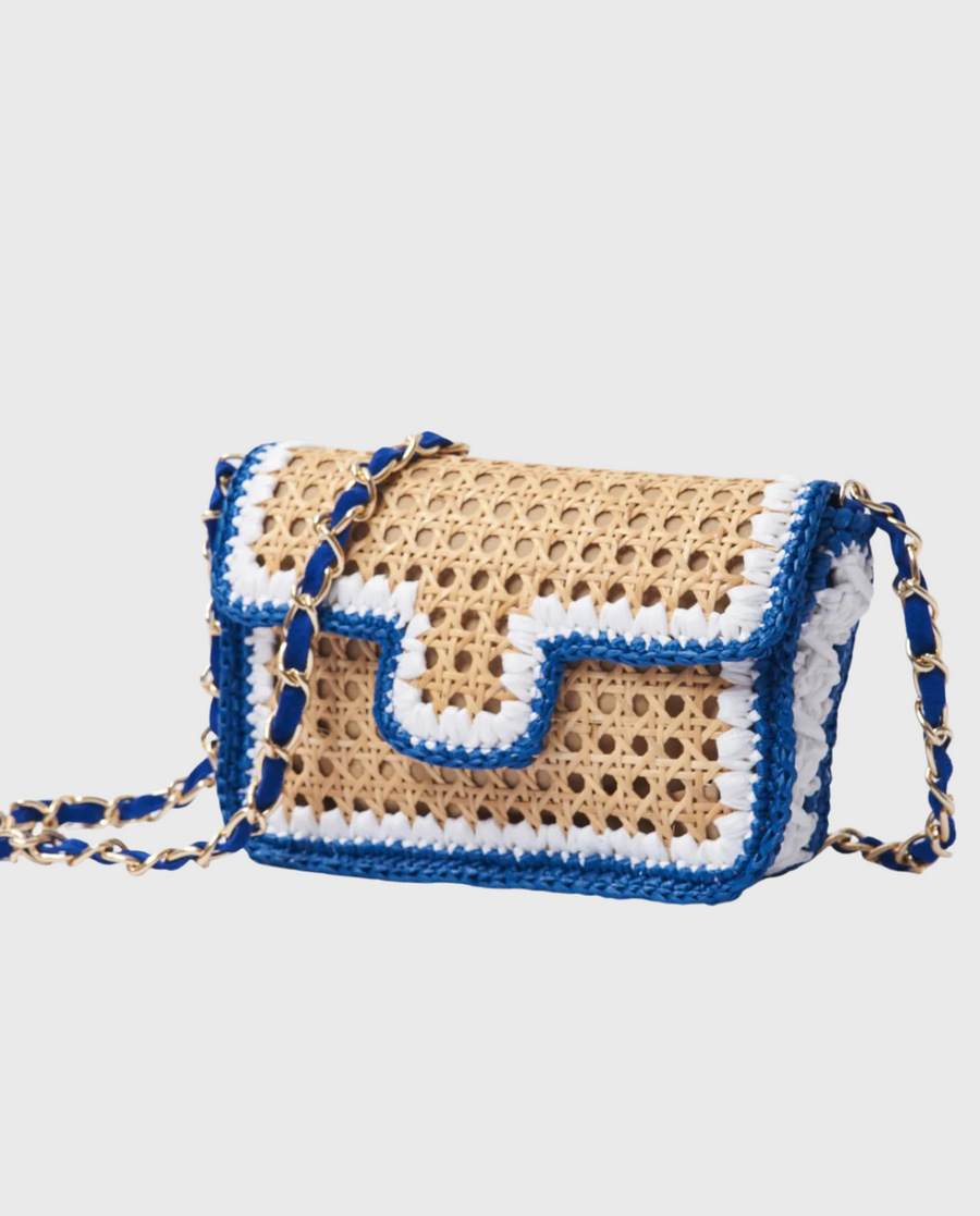 Ginevra Rattan and Raffia Bag – Cobalt Blue & White