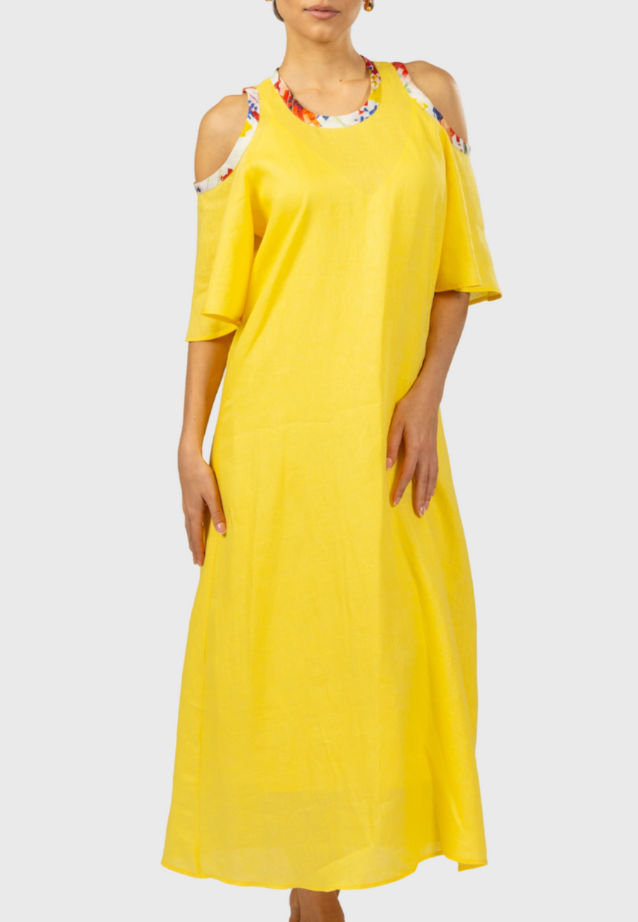 Yellow maxi dress, Linen maxi dress, Italian linen dress, Elegant maxi dress, Summer maxi dress, Cut-out sleeve dress, Stylish dresses for women, Breathable dress fabric, Long yellow dress, Modern linen dress, Lightweight linen dresses