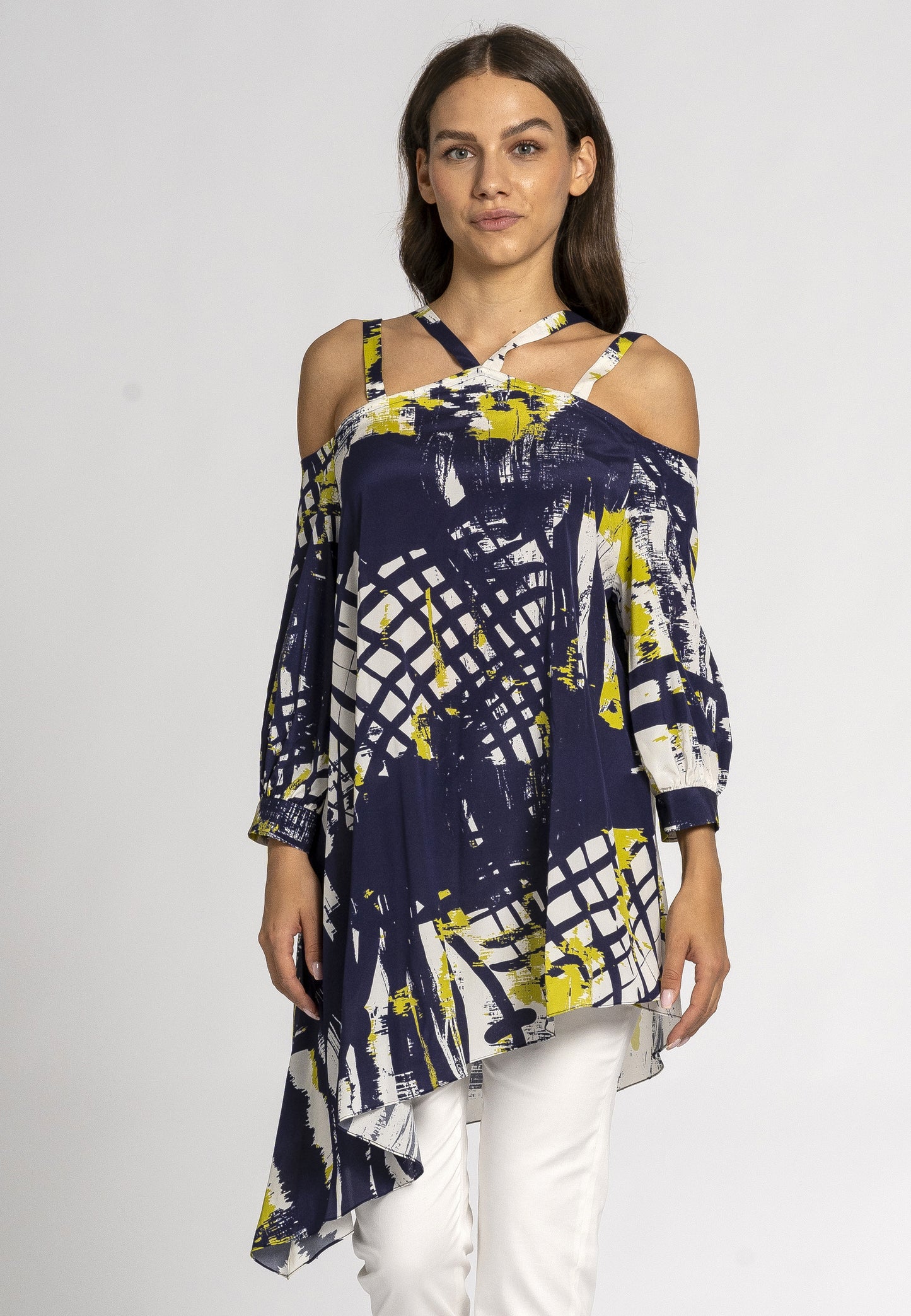 Gelsomino Kaftan Top - Oversized Printed Silk Kaftan with Unique Strap Design and Asymmetrical Length