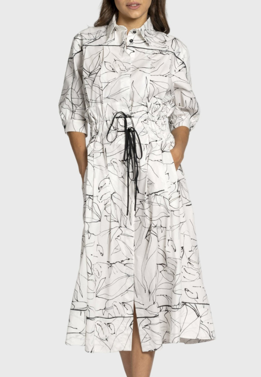 exclusive Italian cotton dress, black and white print midi dress, timeless and sophisticated dress, customisable fit midi dress, elegant and detailed midi dress