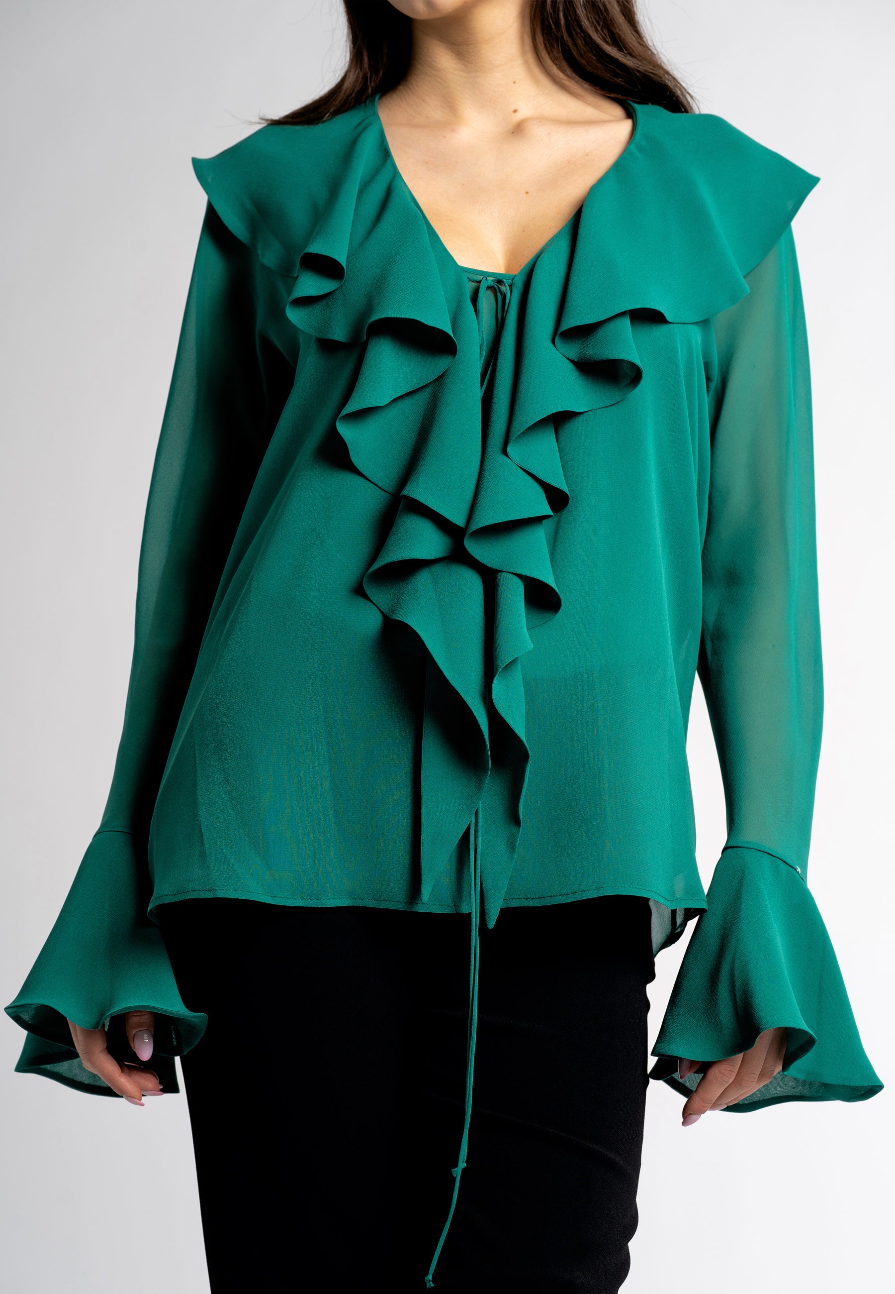 ruched shirt green ruffle  blouse  ruffle blouse long sleeve ruffled blouse green ruffle blouse  green ruffle tops  long sleeve ruffle tops  viscose ruffle top  ruffle sleeve blouse  green blouse  designer ruffle top maxi ruffle made in italy clothing sustainable clothing australia  ethical australian clothing  sustainable dresses australia 