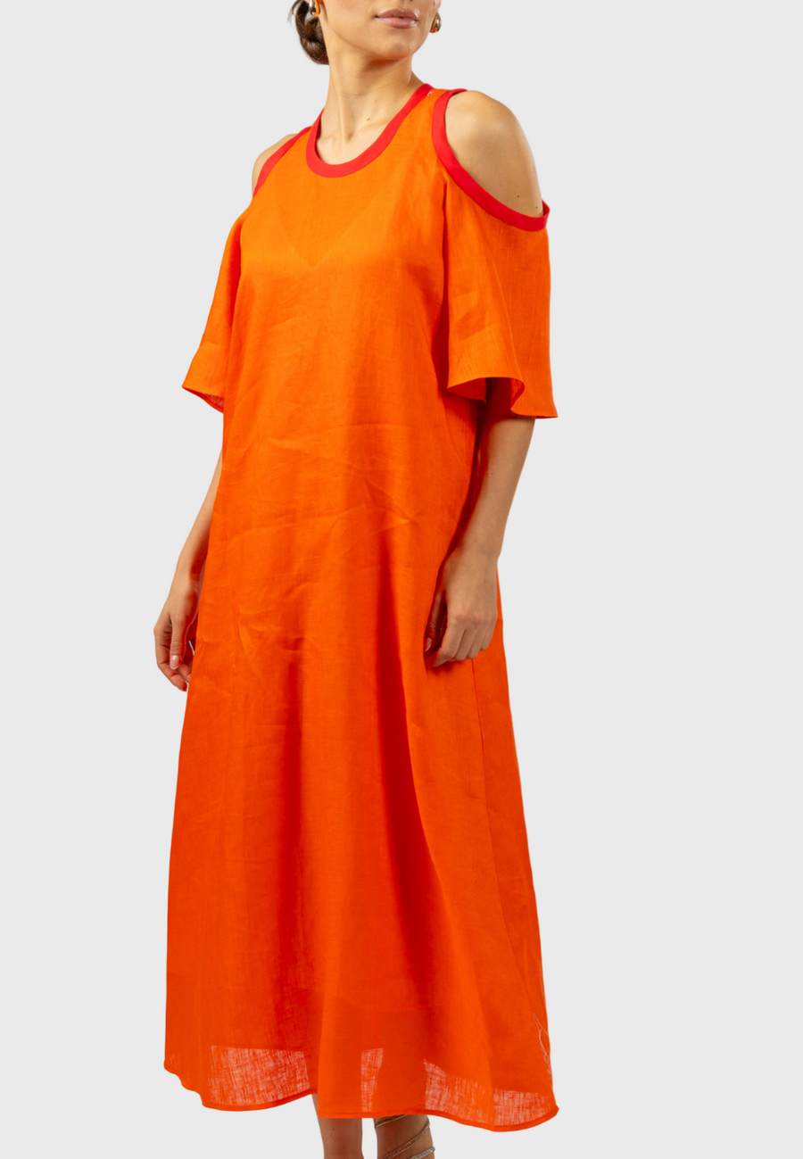 Orange maxi dress, Linen maxi dress, Italian linen dress, Elegant maxi dress, Summer maxi dress, Cut-out sleeve dress, Stylish dresses for women, Breathable dress fabric, Long yellow dress, Modern linen dress, Lightweight linen dresses