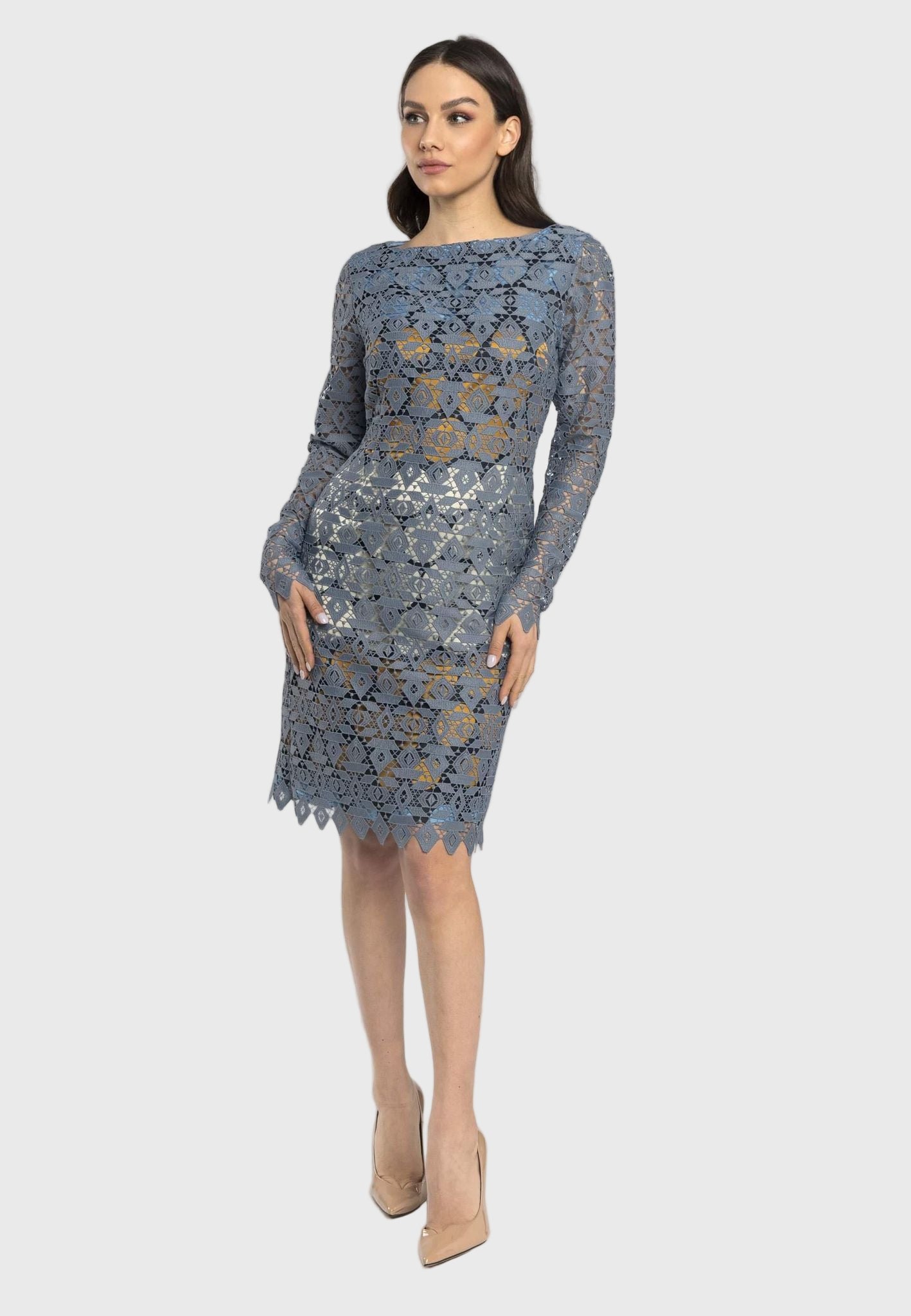 Italian lace sheath dress, modern feminine dress, elegant lace overlay dress, high-fashion dress, stylish floral lace dress