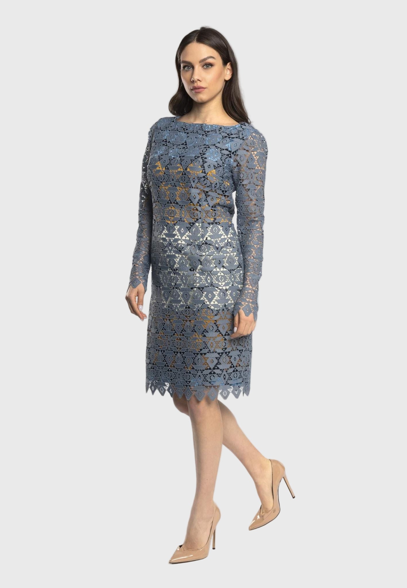 Italian lace sheath dress, modern feminine dress, elegant lace overlay dress, high-fashion dress, stylish floral lace dress