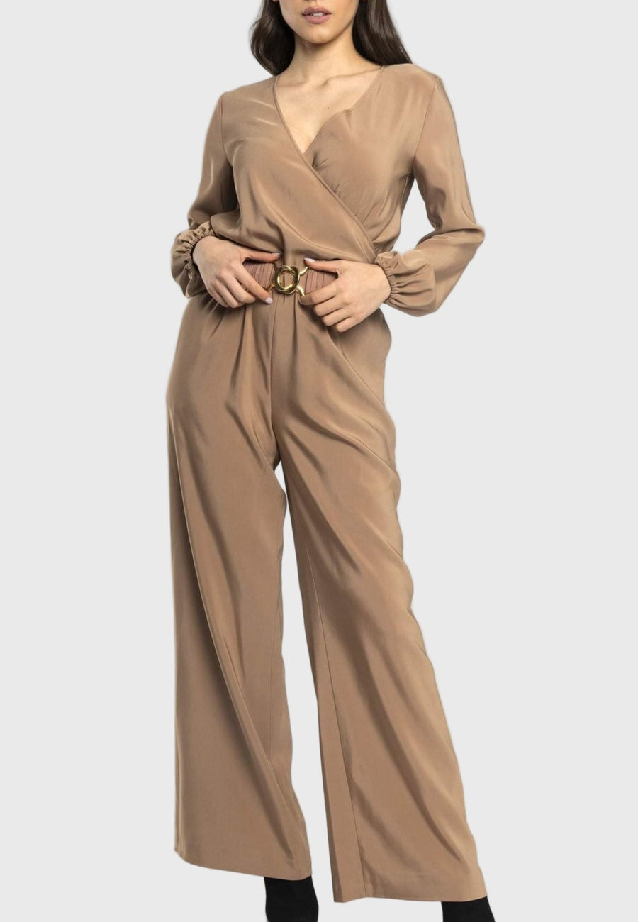 beige jumpsuit, beige women jumpsuit, beige jumpsuit with belt, elegant wide-leg jumpsuit, v-neck jumpsuit with sleeves, Italian viscose jumpsuit, stylish jumpsuit with pockets