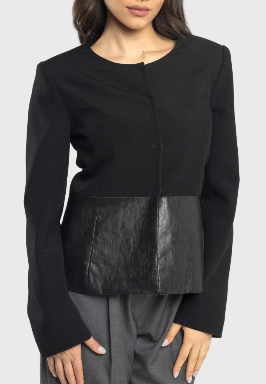 Italian made slim fit jacket, wool and eco-leather blend, snap button jacket, unique details jacket, stylish jacket with eco-leather panels