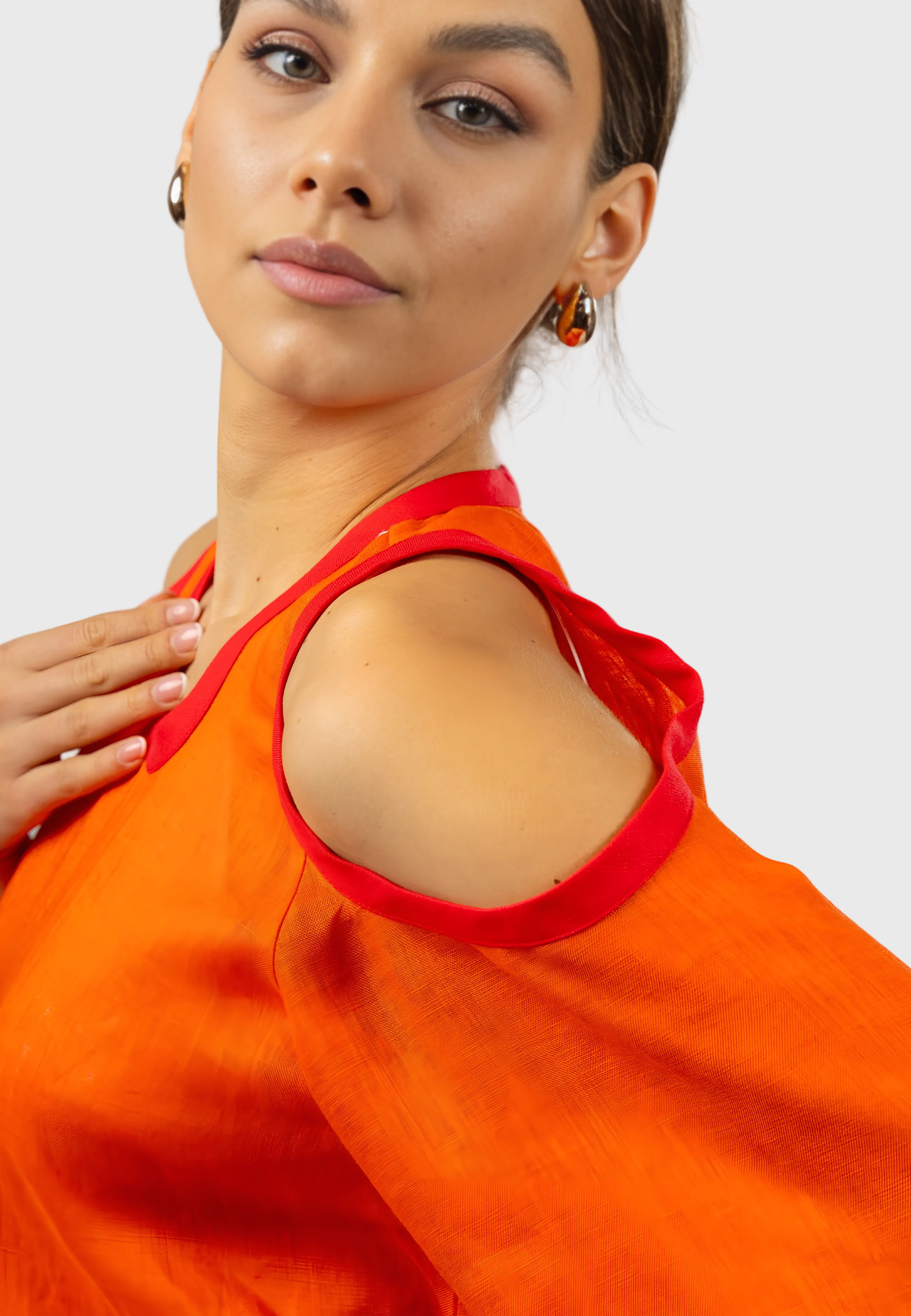 Orange maxi dress, Linen maxi dress, Italian linen dress, Elegant maxi dress, Summer maxi dress, Cut-out sleeve dress, Stylish dresses for women, Breathable dress fabric, Long yellow dress, Modern linen dress, Lightweight linen dresses