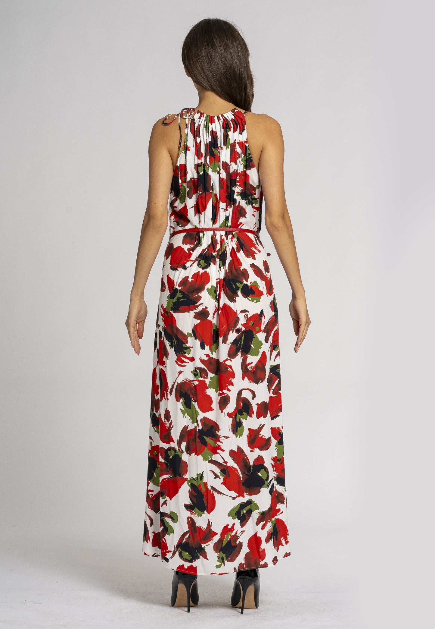 Begonia Floral Maxi Dress - Red Print Viscose Dress with Side Pockets