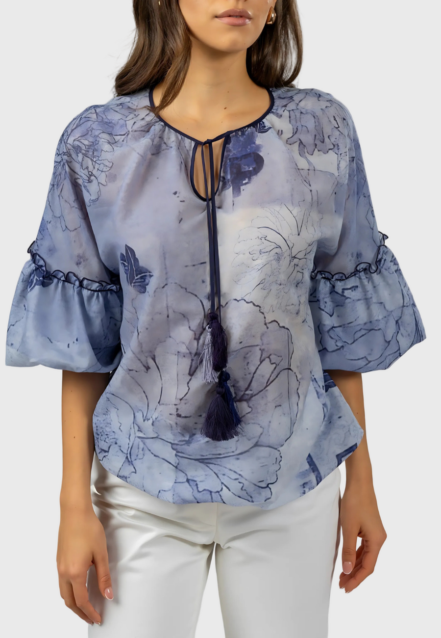 Italian cotton blouse, women's fashion blouses, elegant women's tops, luxury women's blouses, designer cotton blouses, made in Italy clothing, floral print blouse, tassel neck blouse, batiste cotton clothing, artisanal Italian blousem, premium Italian craftsmanship
