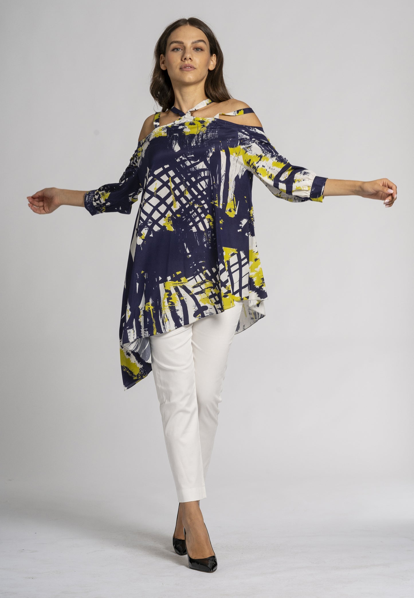Gelsomino Kaftan Top - Oversized Printed Silk Kaftan with Unique Strap Design and Asymmetrical Length