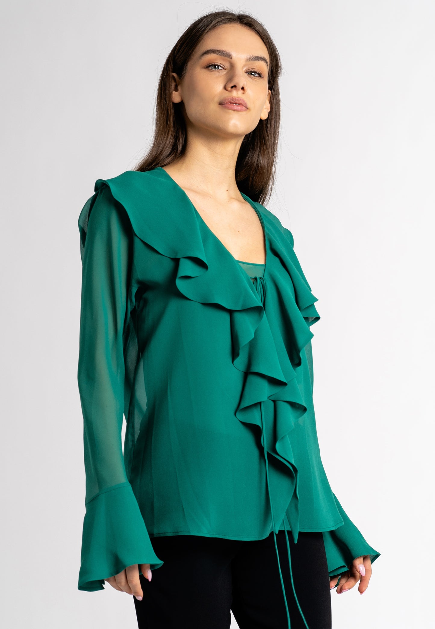 ruched shirt green ruffle  blouse  ruffle blouse long sleeve ruffled blouse green ruffle blouse  green ruffle tops  long sleeve ruffle tops  viscose ruffle top  ruffle sleeve blouse  green blouse  designer ruffle top maxi ruffle made in italy clothing sustainable clothing australia  ethical australian clothing  sustainable dresses australia 