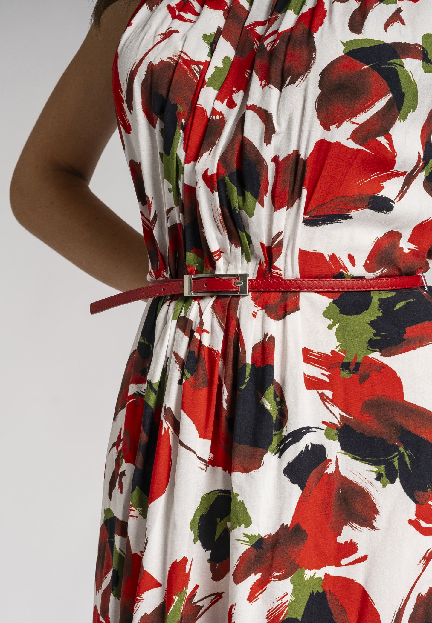 Begonia Floral Maxi Dress - Red Print Viscose Dress with Side Pockets