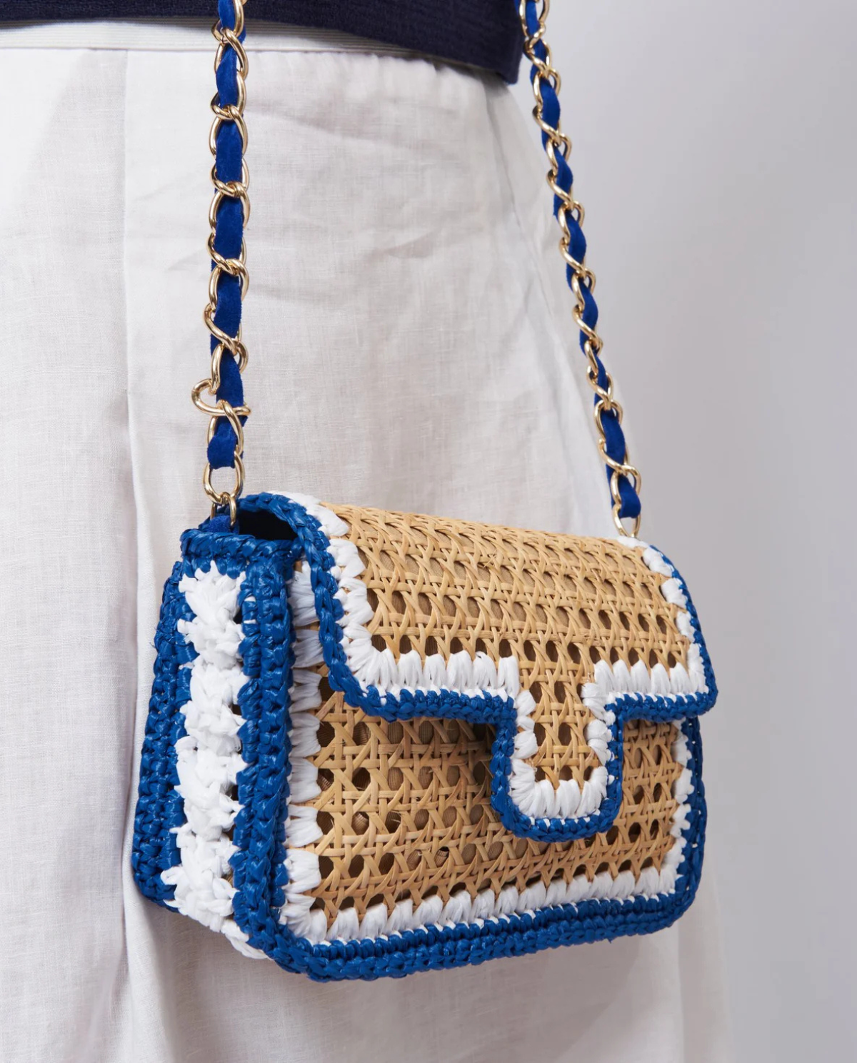 Ginevra Rattan and Raffia Bag – Cobalt Blue & White