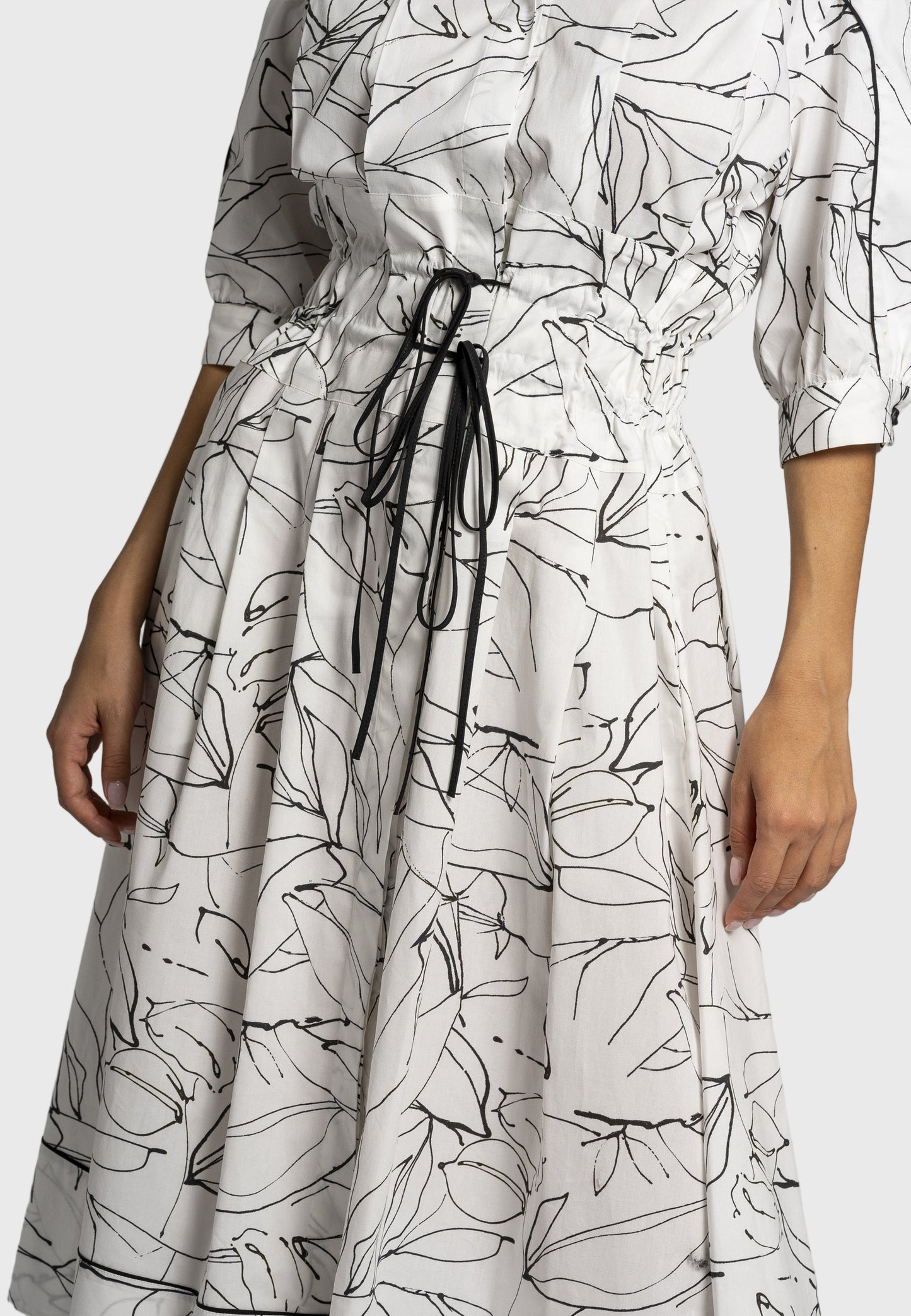 exclusive Italian cotton dress, black and white print midi dress, timeless and sophisticated dress, customisable fit midi dress, elegant and detailed midi dress