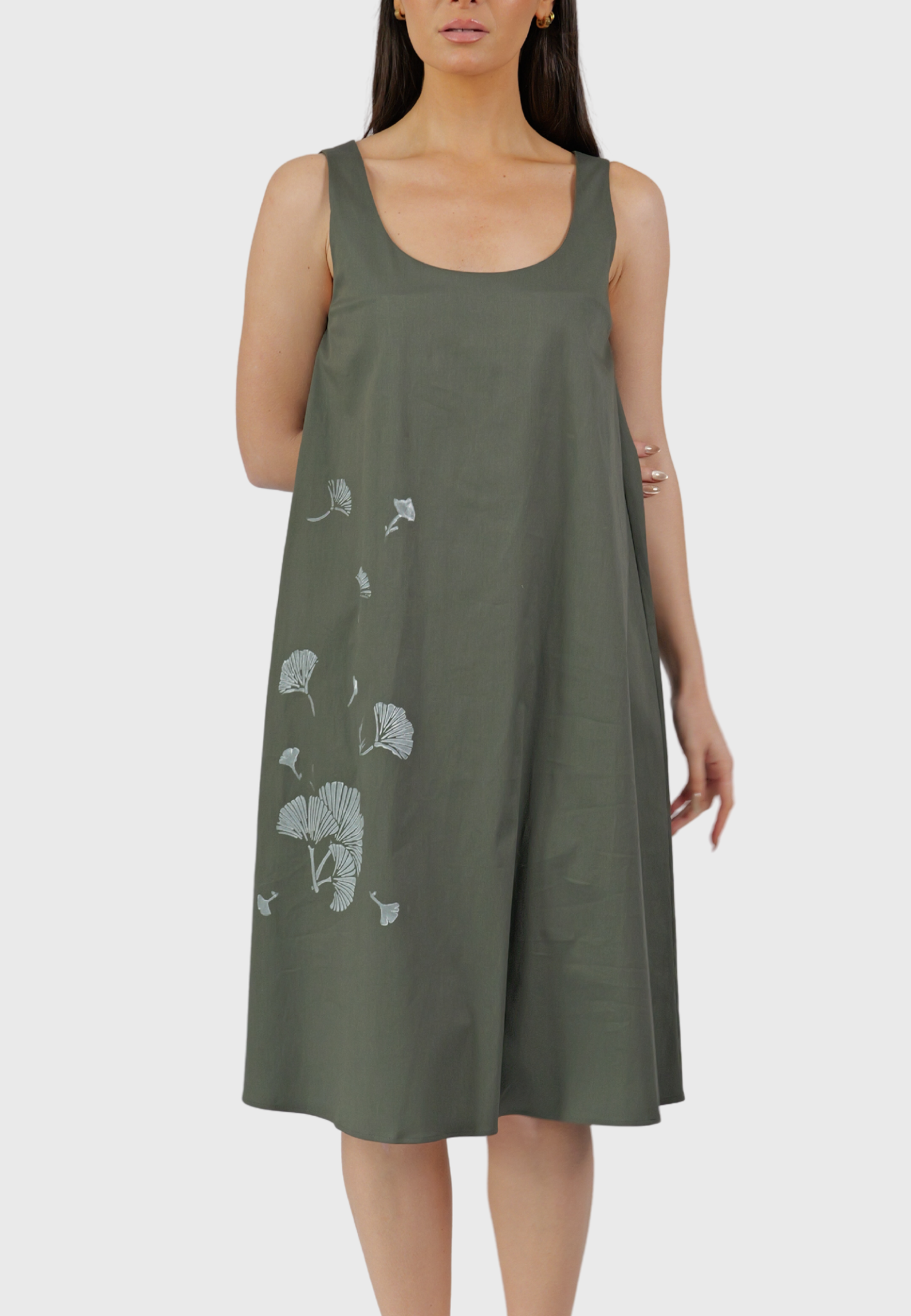 Abito Linosa – Olive Green Hand-Painted Cotton Dress