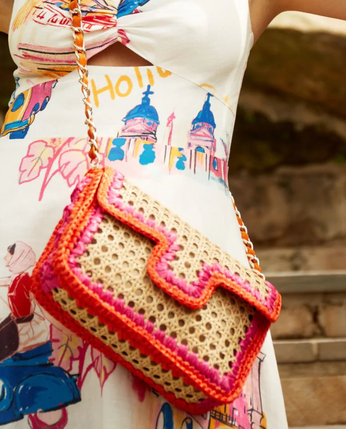 Ginevra Rattan and Crochet Raffia Bag – Orange & Fuchsia