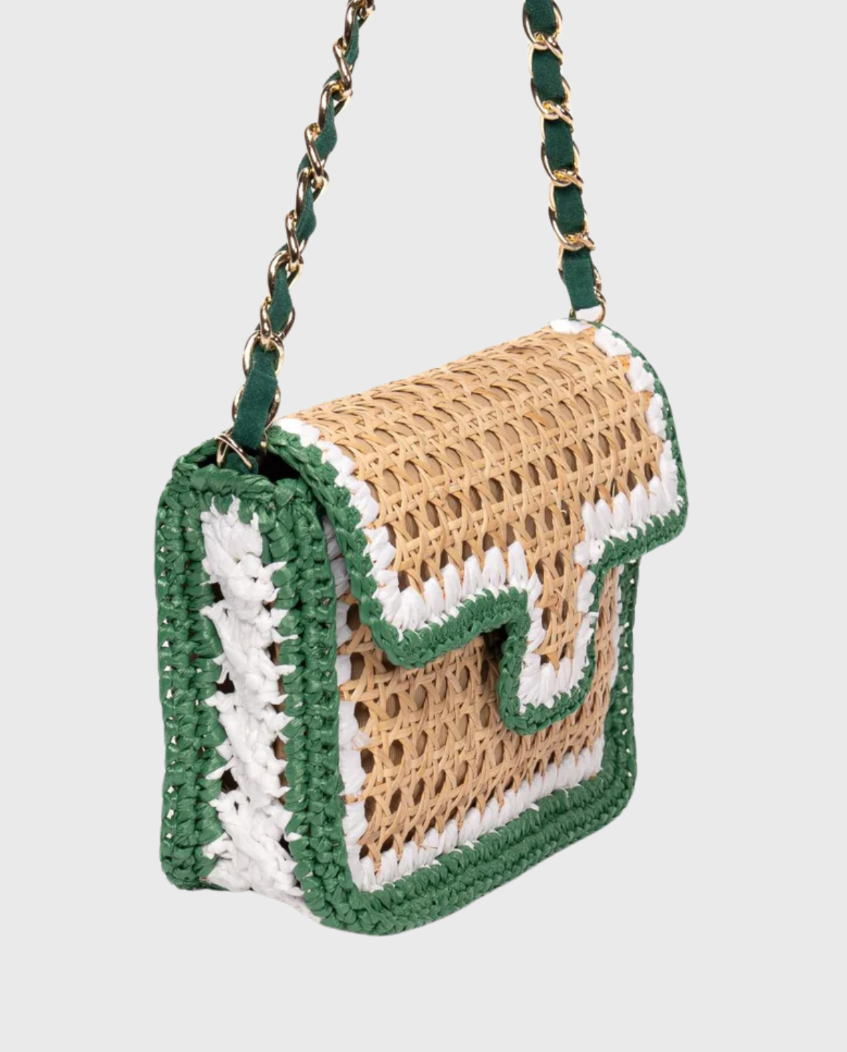 Ginevra Rattan and Crochet Raffia Bag – Green & White