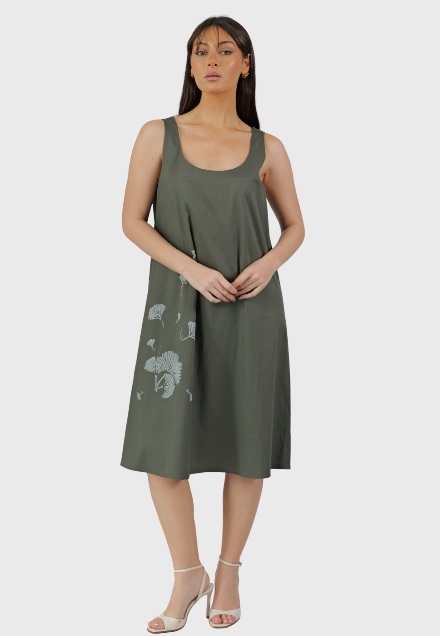 Abito Linosa – Olive Green Hand-Painted Cotton Dress