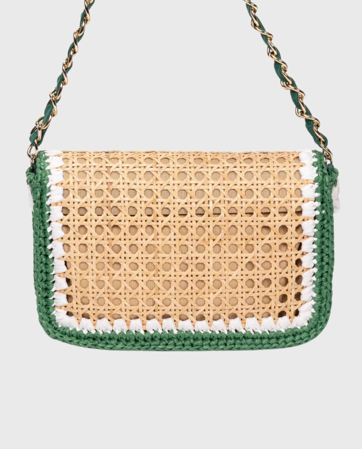 Ginevra Rattan and Crochet Raffia Bag – Green & White