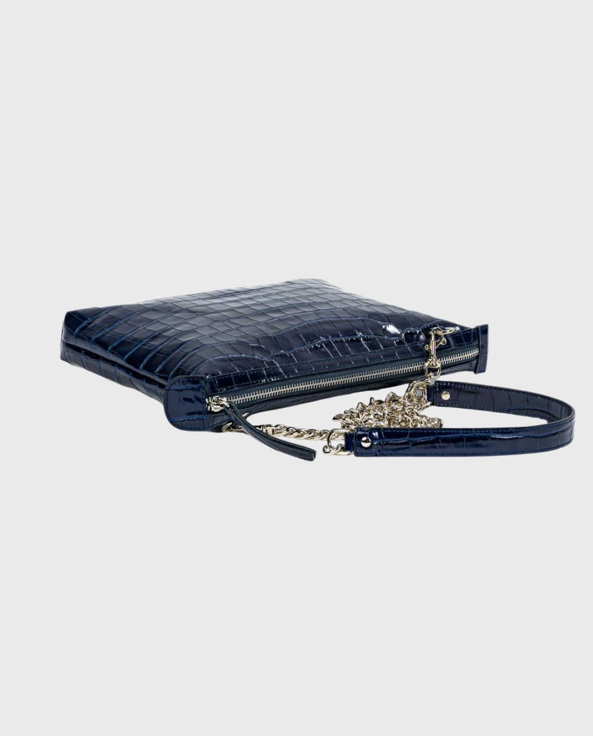 Blue quilted handbag with a chain strap on a white background