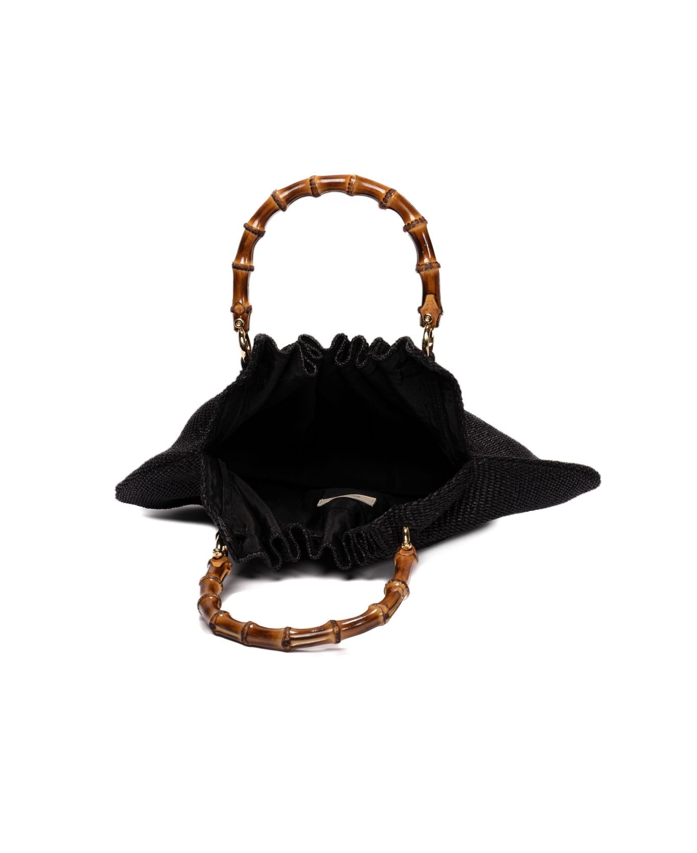 black raffia bamboo bag, circular bamboo handles handbag, slouchy raffia bag, medium size handbag, Italian craftsmanship handbag, versatile daily accessory, edgy black raffia bag, tabacco brown handbag option