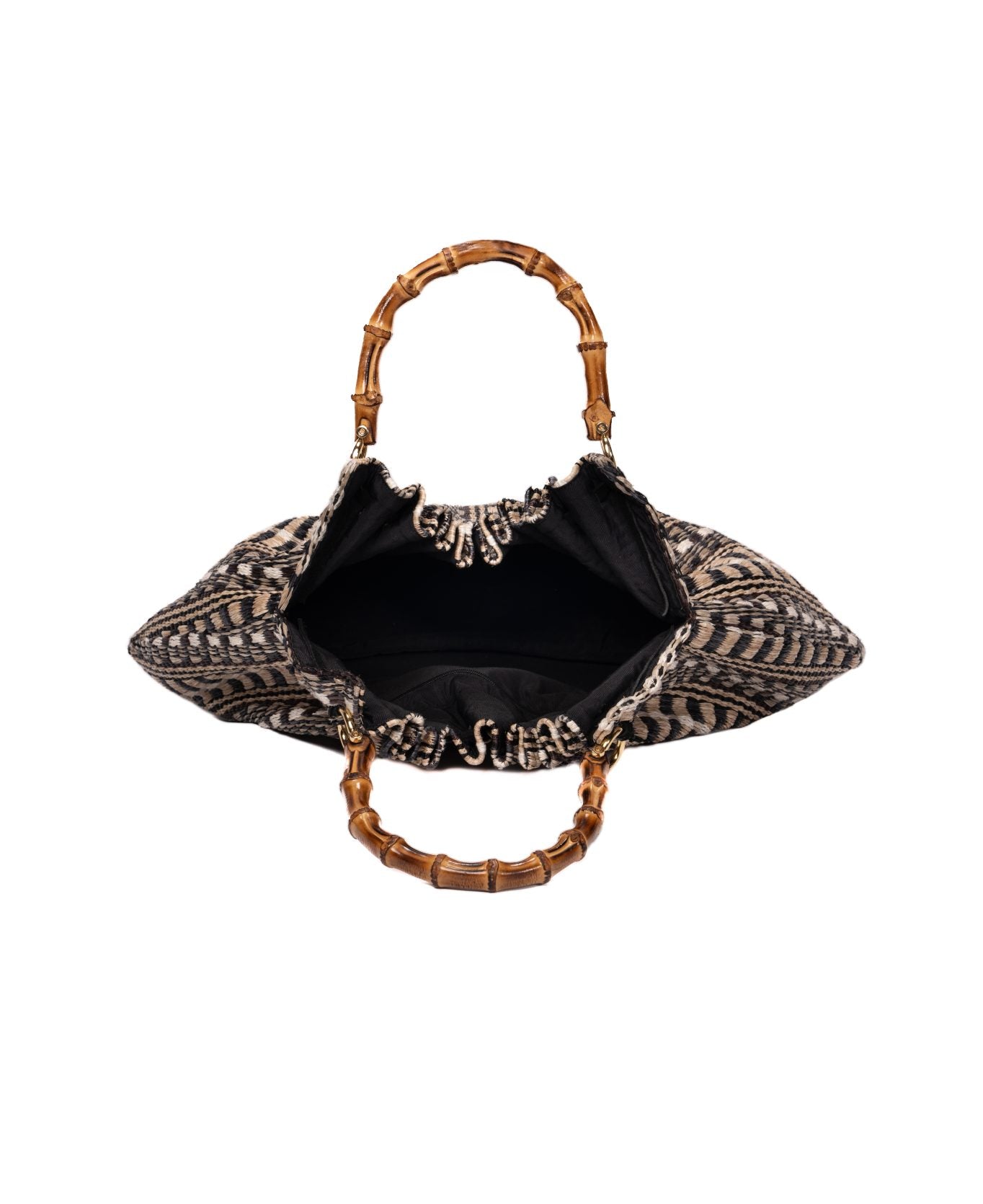 Italian raffia bag with bamboo handles, statement piece with Aztec print, large black raffia bag, Italian design fashion statement, intricate patterned handbag