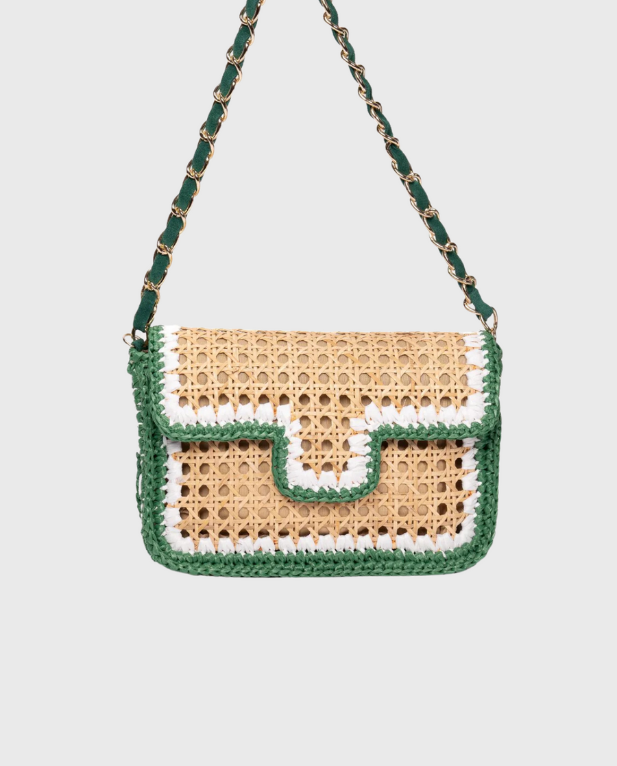 Ginevra Rattan and Crochet Raffia Bag – Green & White