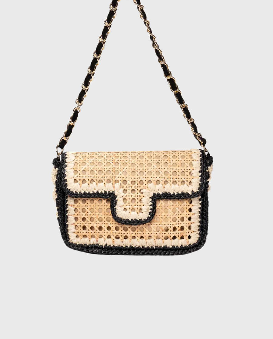 Ginevra Rattan and Crochet Raffia Bag – Black & White