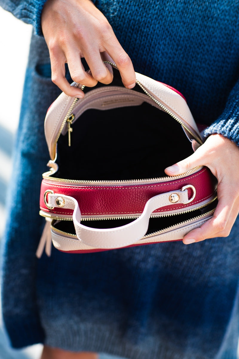 leather camera bag, cherry and nude camera bag, women's camera bag, compact camera bag, adjustable leather strap camera bag