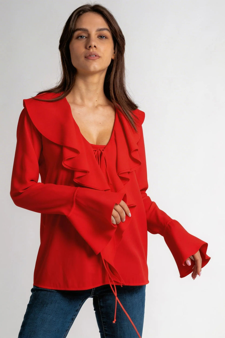 Allegra Ruffle Blouse - Red Silk