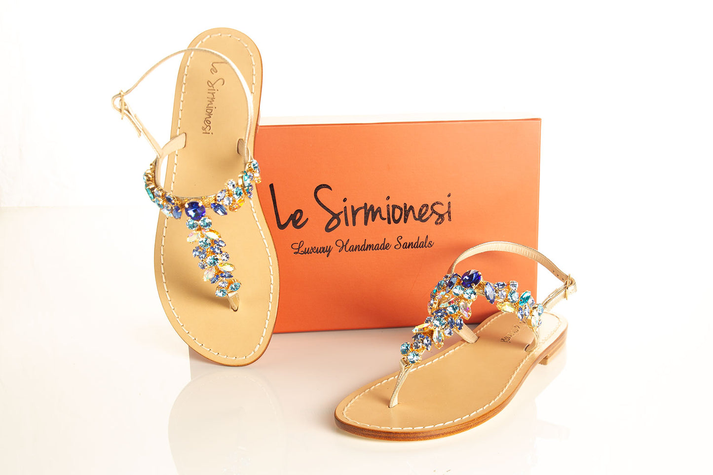 flat sandals with aqua Swarovski crystals, luxury sandals with crystal embellishment, Tuscan leather sandals, stylish thong strap sandals, comfortable flat sandals