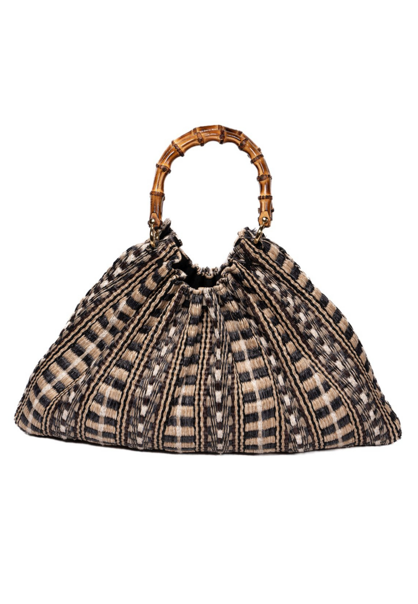Italian raffia bag with bamboo handles, statement piece with Aztec print, large black raffia bag, Italian design fashion statement, intricate patterned handbag