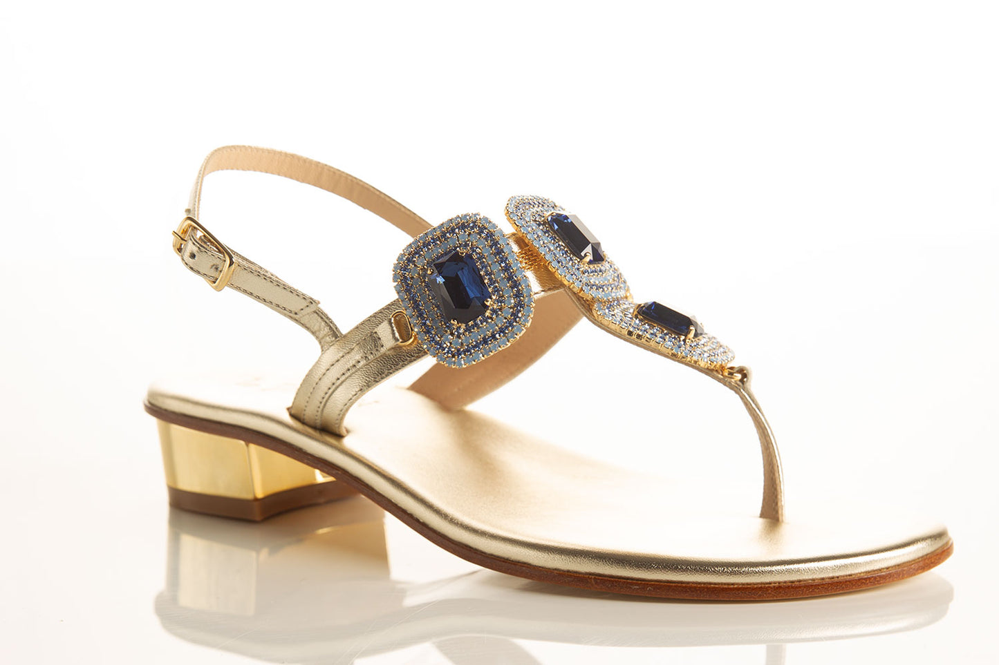 blue sandals with gold base, jewel sandals with swarovski stones, comfortable heel sandals, high-quality sandals, elegant footwear collection