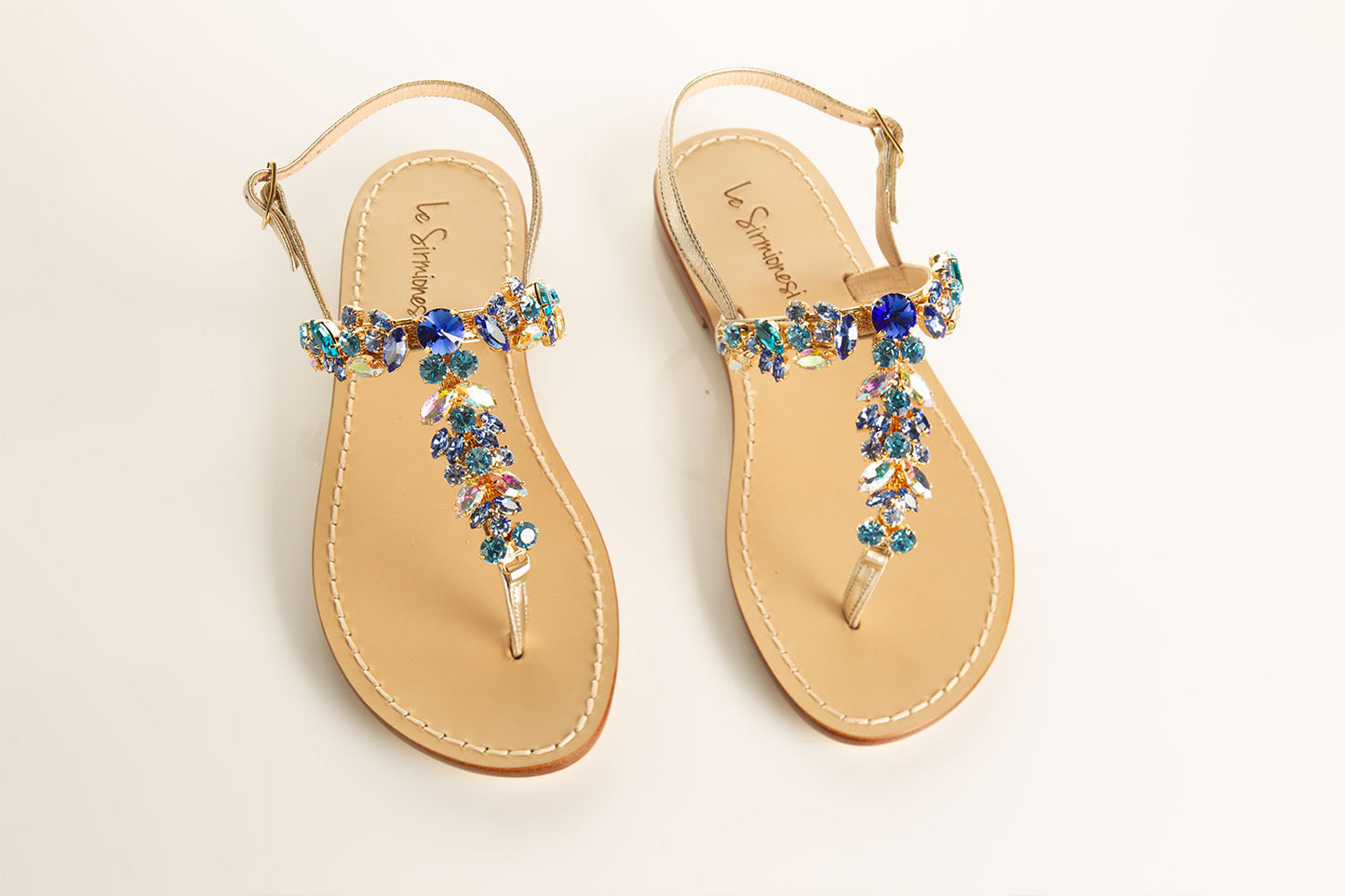 flat sandals with aqua Swarovski crystals, luxury sandals with crystal embellishment, Tuscan leather sandals, stylish thong strap sandals, comfortable flat sandals