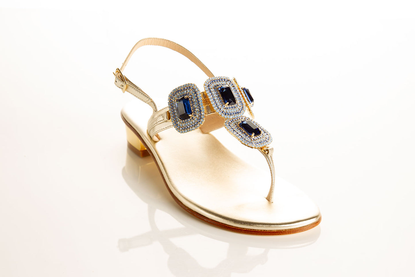 blue sandals with gold base, jewel sandals with swarovski stones, comfortable heel sandals, high-quality sandals, elegant footwear collection