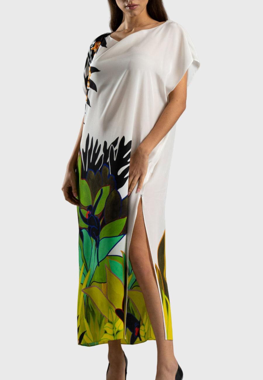 Italian Silk Kaftan, Jungle Print Silk Kaftan, Short Sleeve Silk Kaftan, 100% Silk Kaftan