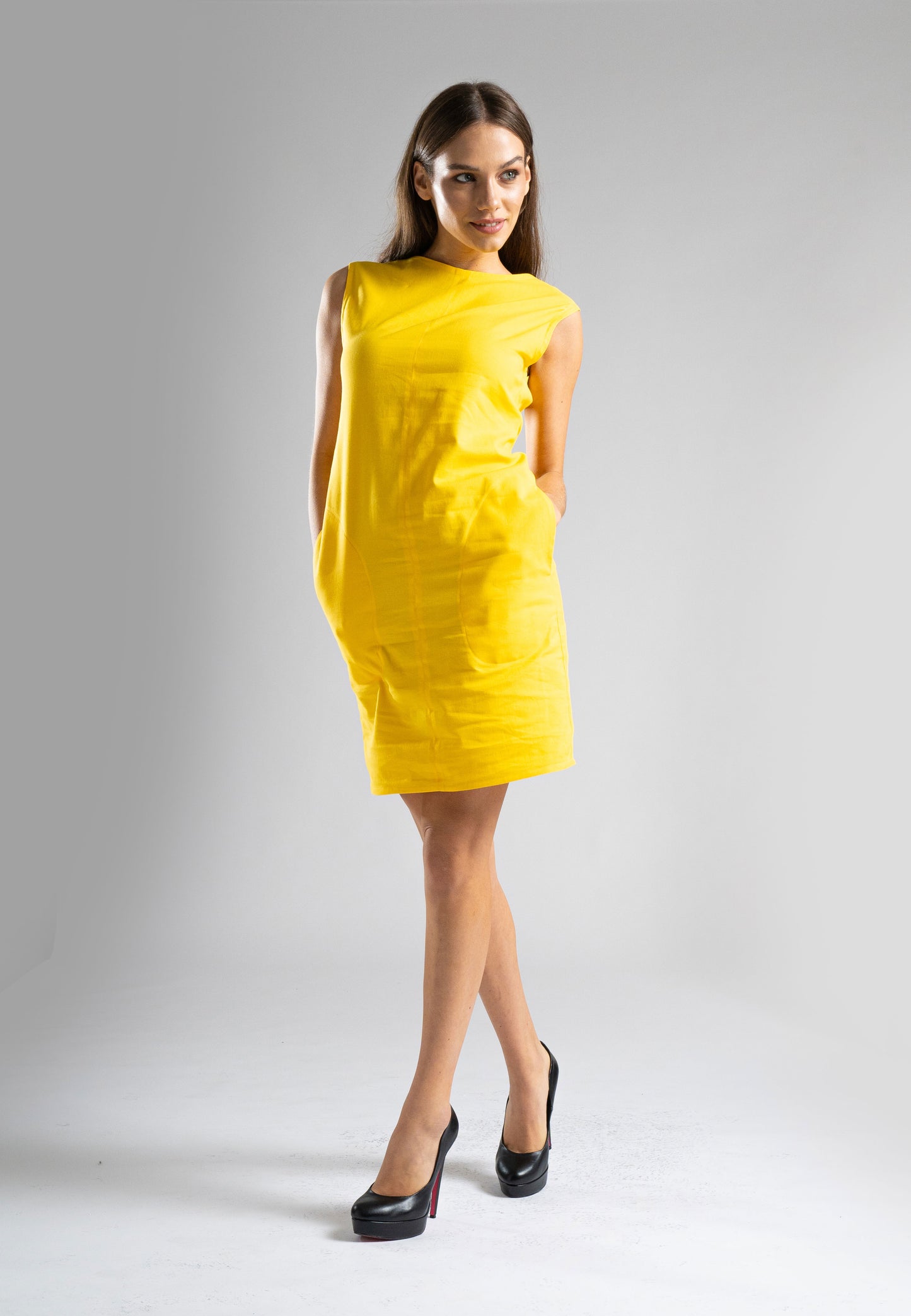 midi dress, round neck design, V-back cut; yellow dress, Amelia Midi dress, yellow jumpsuit, yellow rompers, Amelia midi dress, summer dresses, yellow linen dress