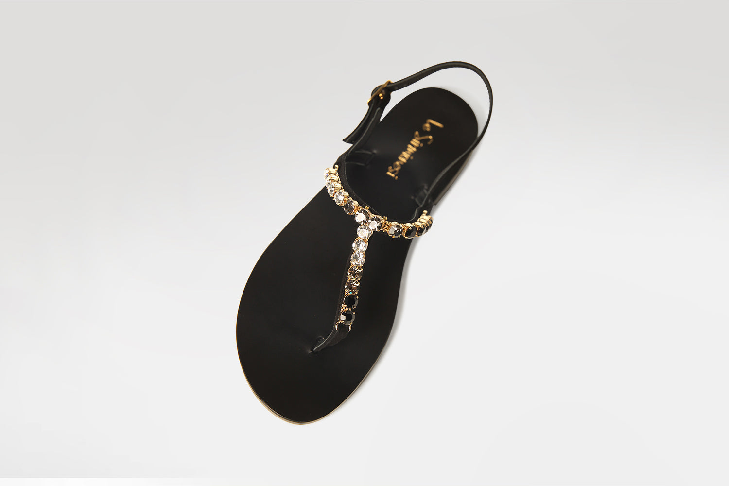Italian sandals, handmade sandals, flat sandals, crystal sandals, black leather sandals, Swarovski crystal sandals