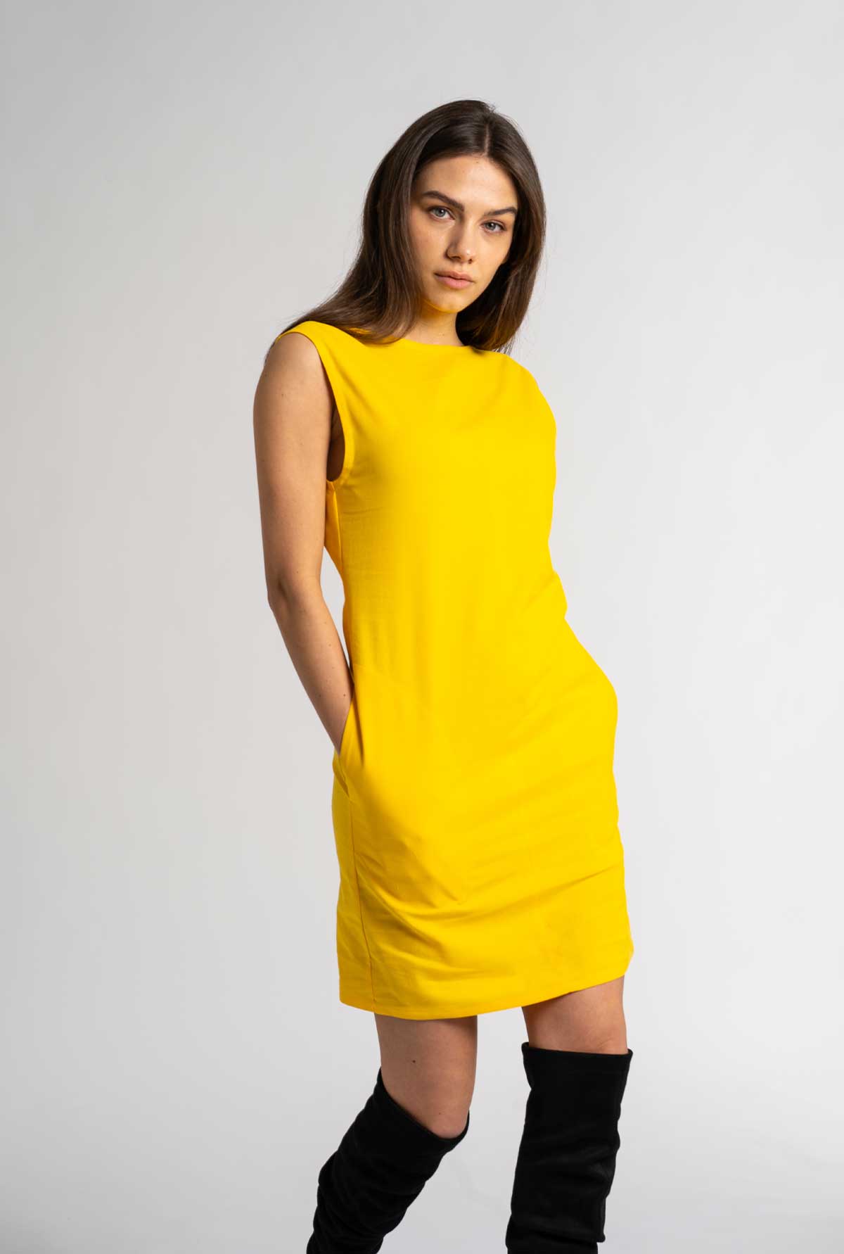 midi dress, round neck design, V-back cut; yellow dress, Amelia Midi dress, yellow jumpsuit, yellow rompers, Amelia midi dress, summer dresses, yellow linen dress