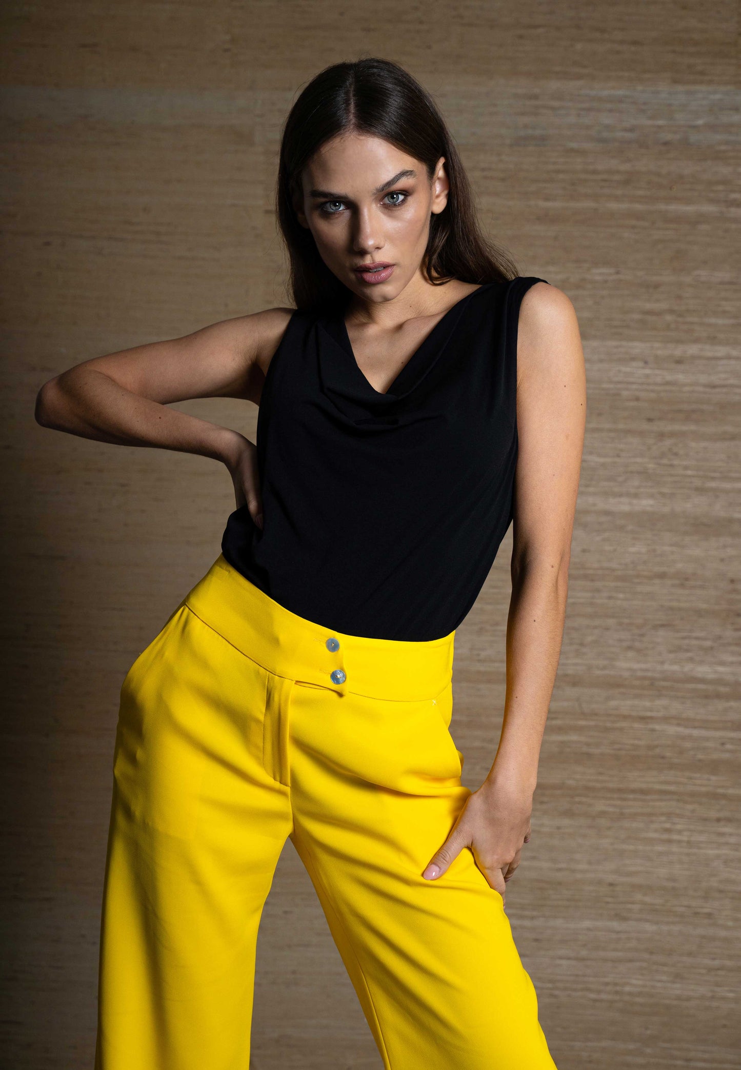 high waisted trousers, wide leg trousers, yellow trousers, coral trousers, Italian stretch fabric