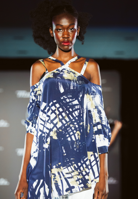 Gelsomino Kaftan Top - Oversized Printed Silk Kaftan with Unique Strap Design and Asymmetrical Length