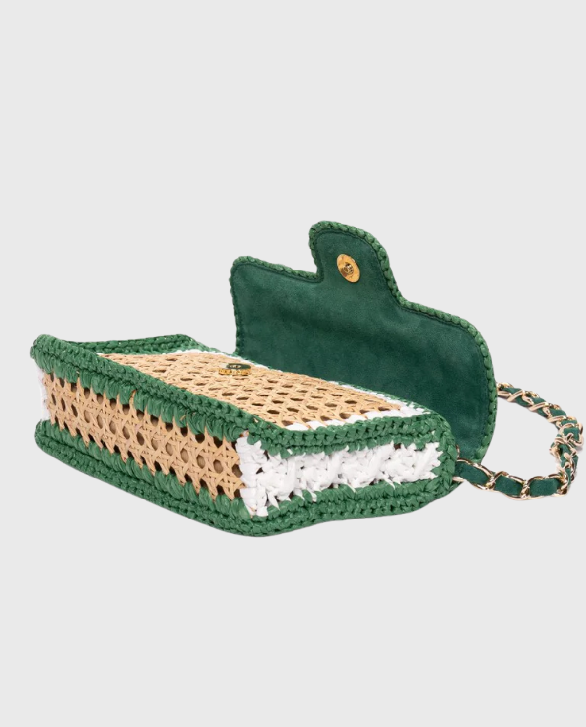Ginevra Rattan and Crochet Raffia Bag – Green & White