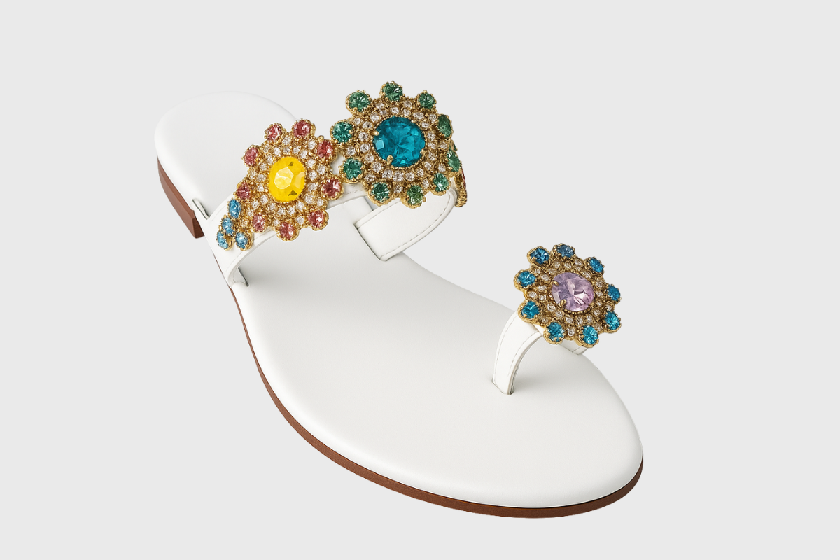 Capri Sandals – White Leather with Multicolour Swarovski Crystals