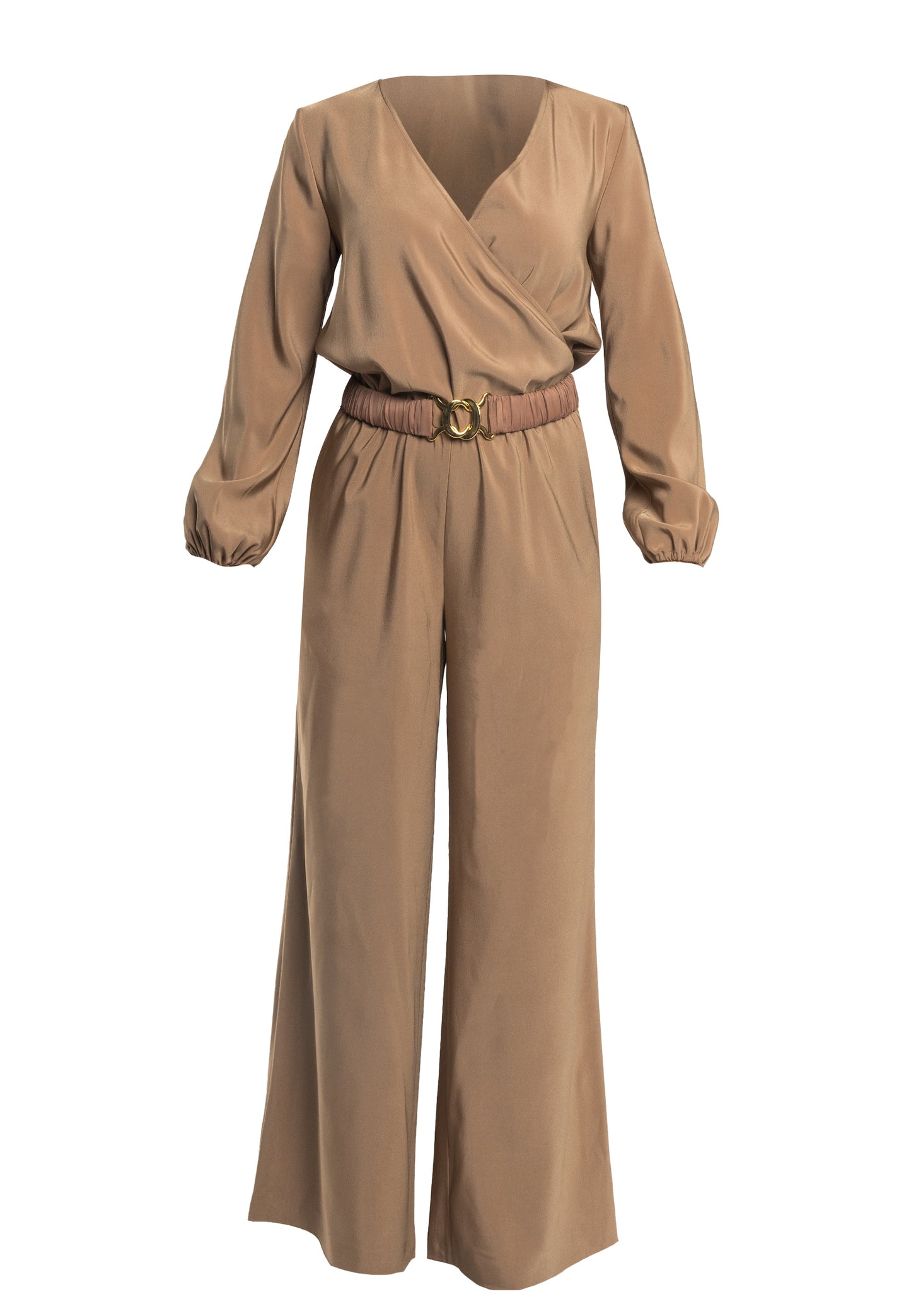 beige jumpsuit, beige women jumpsuit, beige jumpsuit with belt, elegant wide-leg jumpsuit, v-neck jumpsuit with sleeves, Italian viscose jumpsuit, stylish jumpsuit with pockets